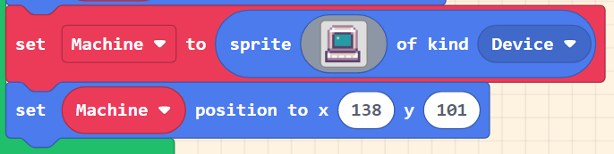 Screenshot of blocks - set mySprite2 to sprite of kind Device, set mySprite2 position to x 138 y 101